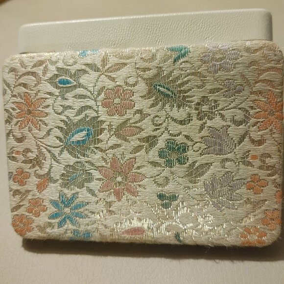 Vintage Floral Embroidered Jewelry Box Gold With Pastel Flowers Antique Trinket - Picture 1 of 11